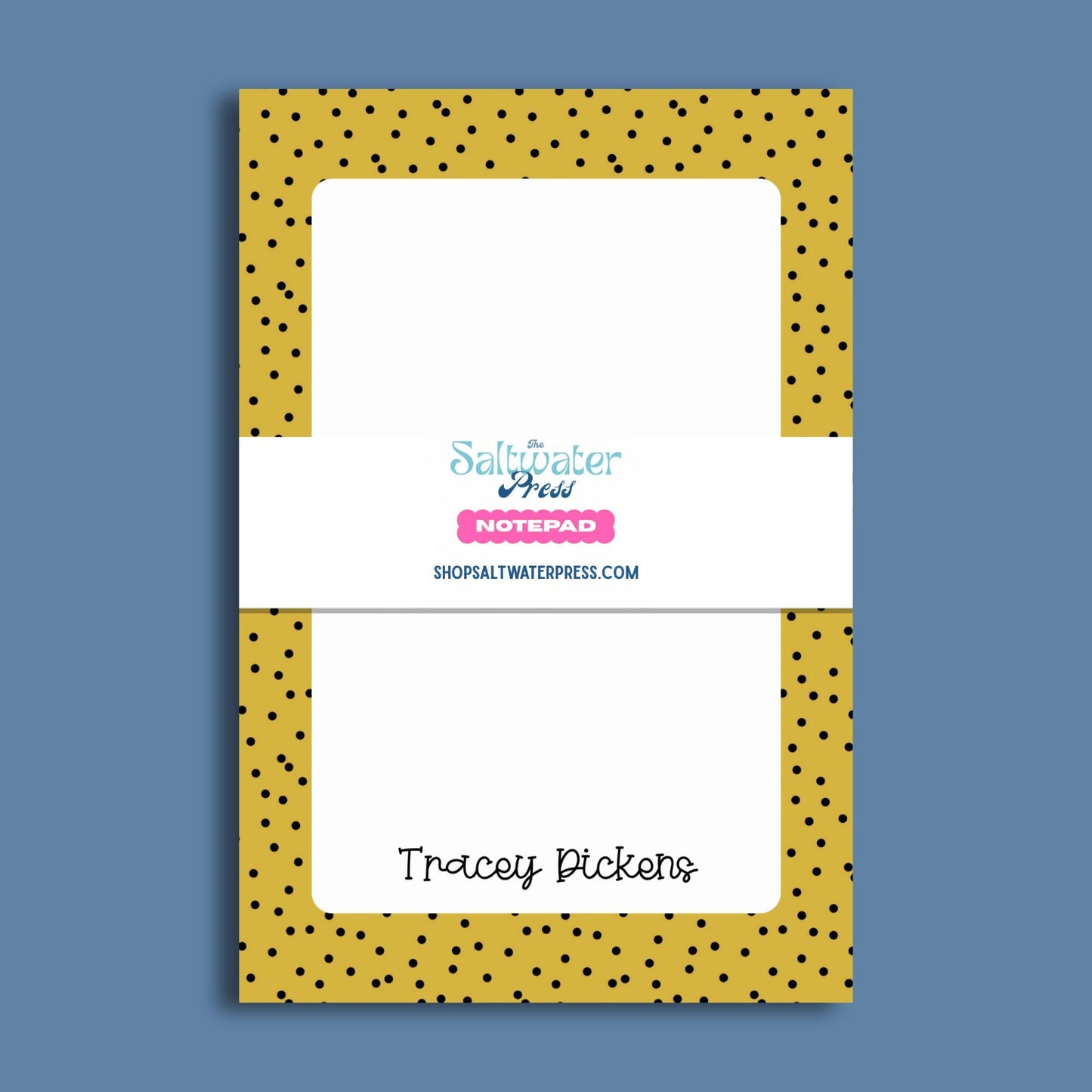 Custom Name Notepad Personalized Writing Pad Yellow Polka Dot Design Premium Paper Sheets Appreciation Gift Desk Supplies Office Organization Daily Planning List Making Tear Away Backing Blank White Space Handwritten Font Style Mustard