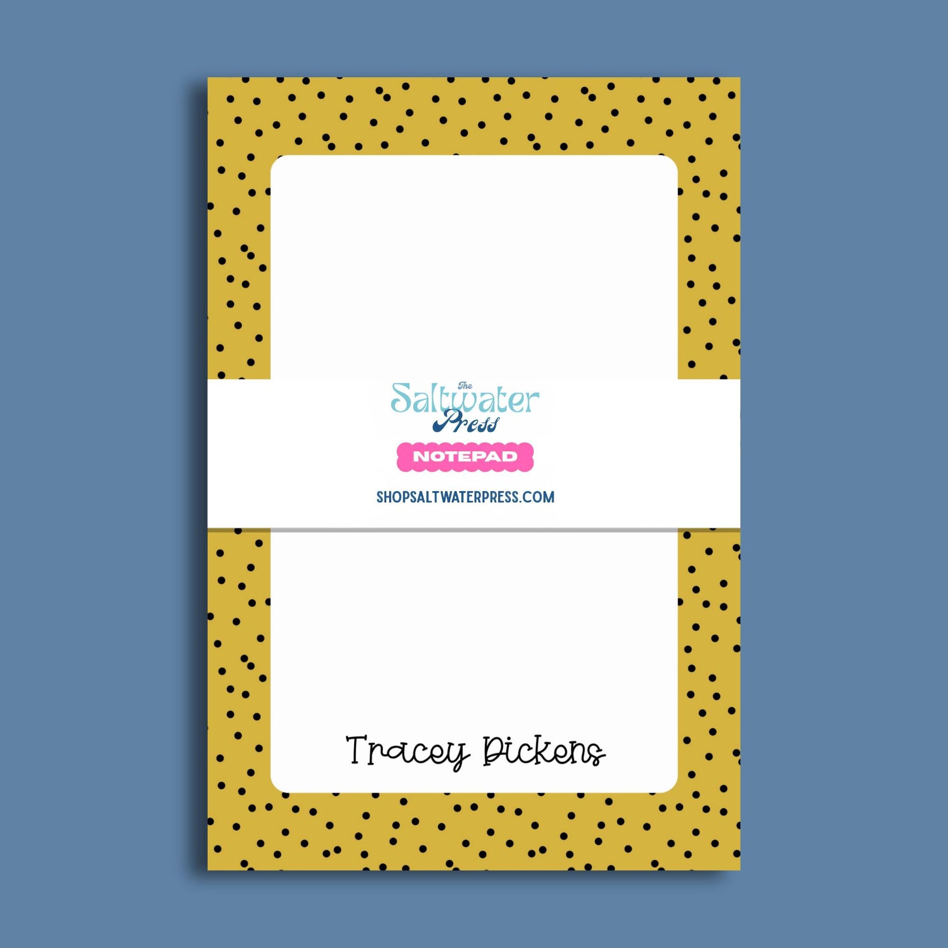 Custom Name Notepad Personalized Writing Pad Yellow Polka Dot Design Premium Paper Sheets Appreciation Gift Desk Supplies Office Organization Daily Planning List Making Tear Away Backing Blank White Space Handwritten Font Style Mustard
