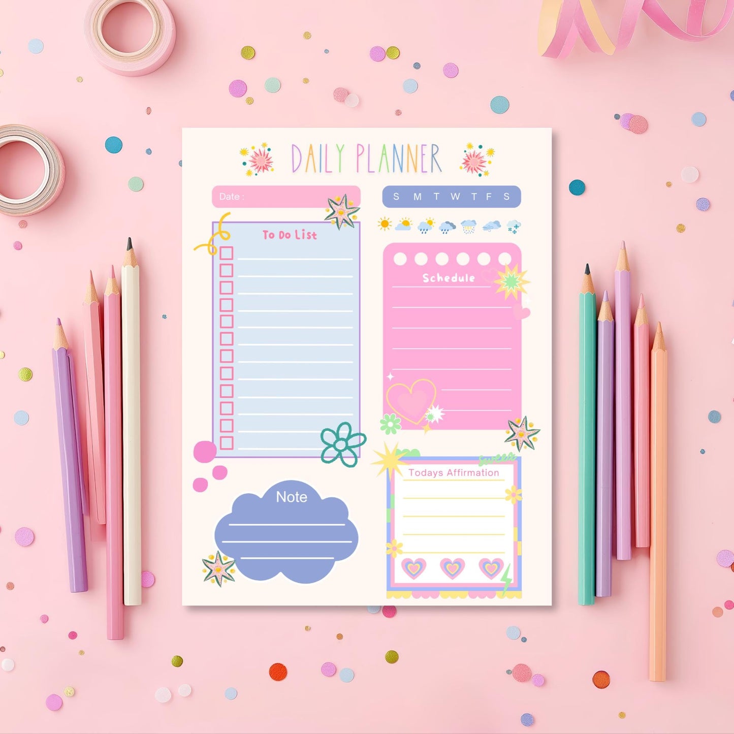 Student Planner Pad Daily Organization Notepad 50 Sheet Tear Off Desk Essential Aesthetic Pastel Design Todo List Checkbox Weekly Schedule Grid Weather Tracking Cloud Notes Affirmation Box Workspace Productivity Cute Planning Gift
