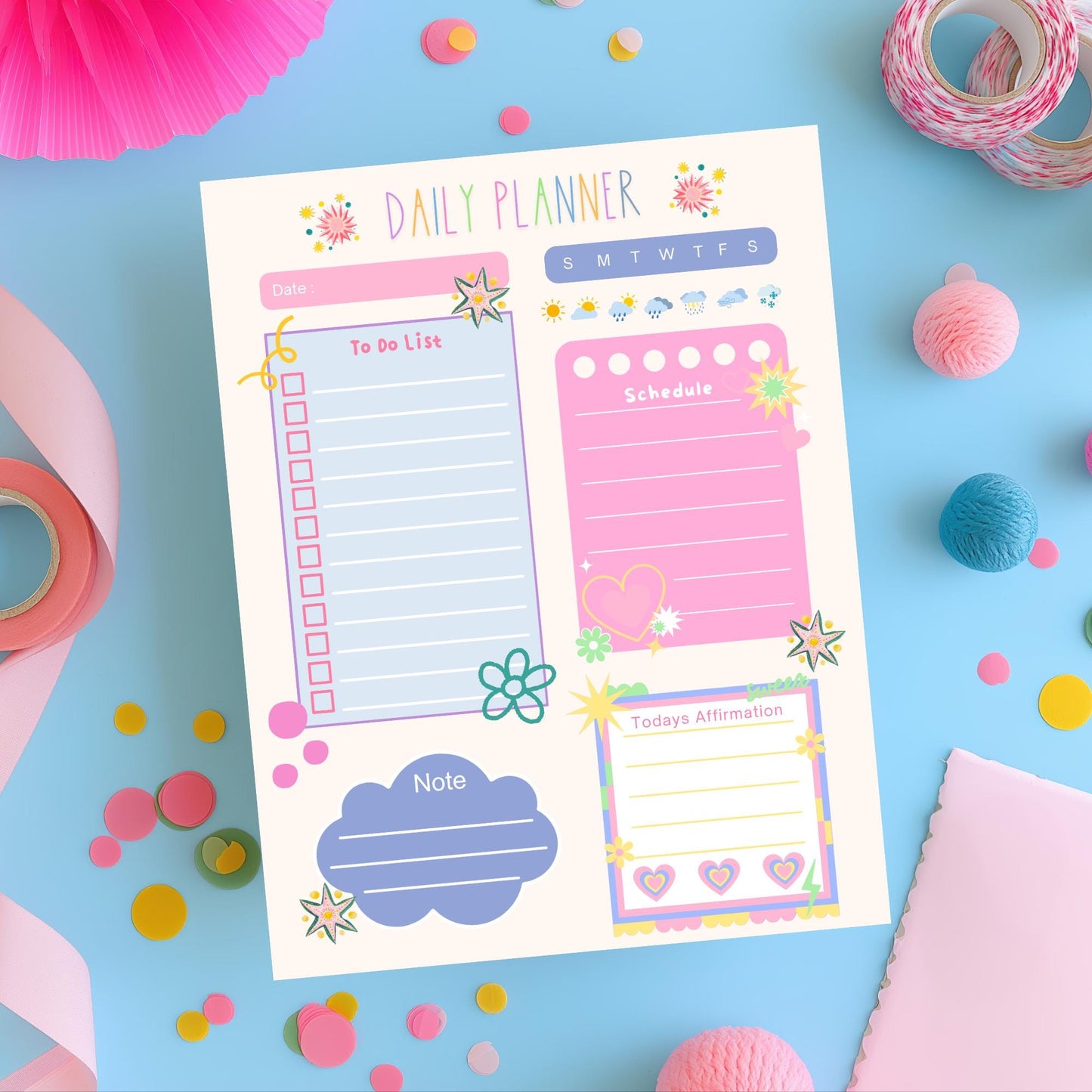 Daily Planner Pad 50 Sheet Tear Off Desk Organizer Notepad Aesthetic Pastel Design Todo List Checkbox Weekly Schedule Grid Weather Tracking Cloud Notes Section Affirmation Box Student Organization Workspace Productivity Cute Stationery Gift