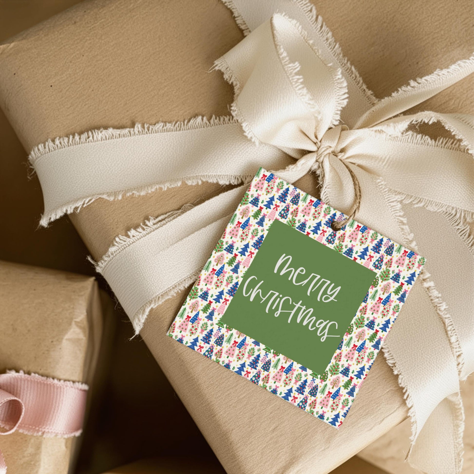 Christmas Gift Tag String Attached Holiday Present Label Linen Cardstock Construction Tree Pattern Border Design Merry Christmas Script Lettering Premium Quality Material Natural Twine String Pre Punched Hole Ready To Use Perfect Holiday