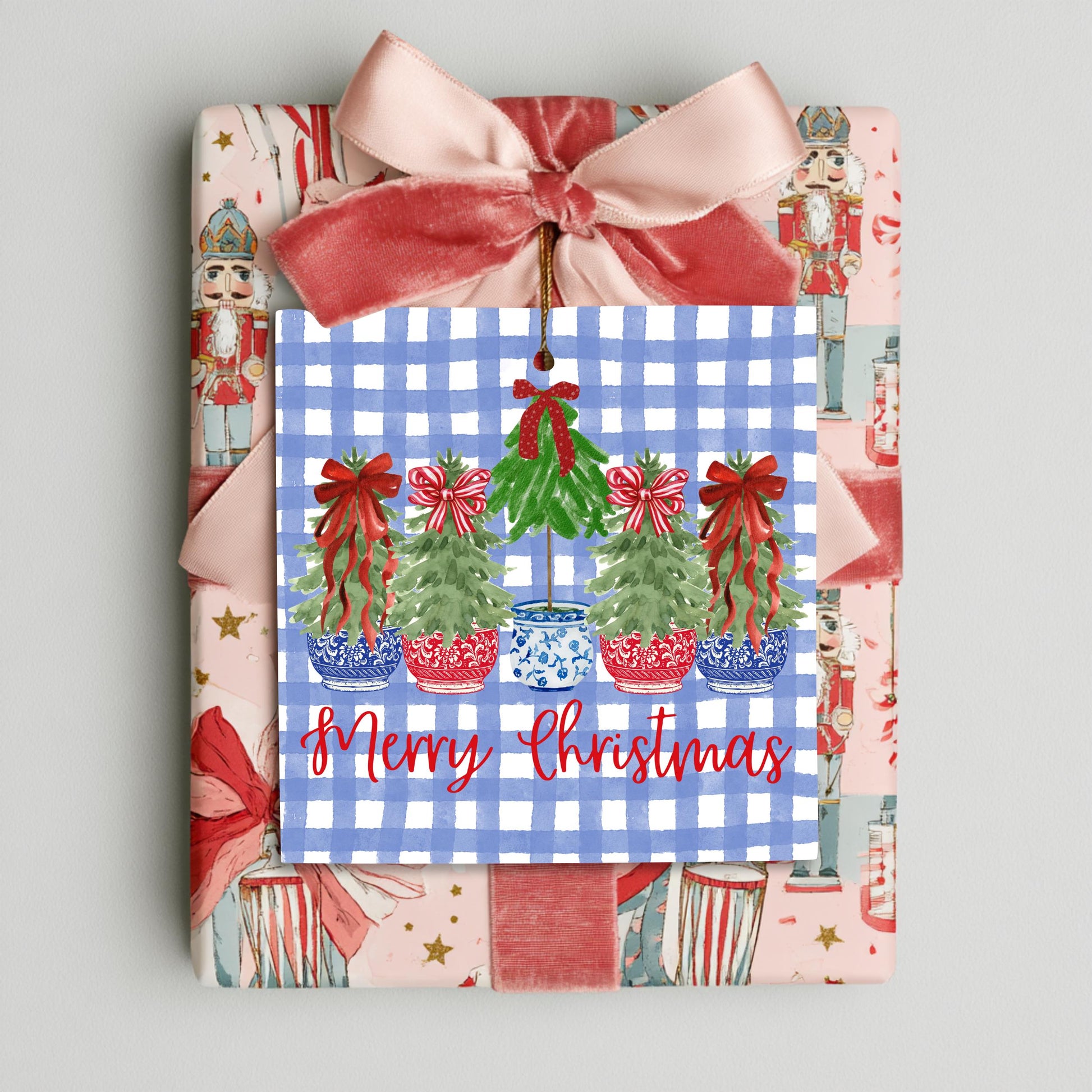 Christmas Present Marker Blue Gingham Farmhouse Tag Holiday Gift Label Square Design Element Festive Wrapping Accent Potted Tree Decoration Seasonal Package Marker Traditional Country Style Rustic Holiday Theme Premium Cardstock