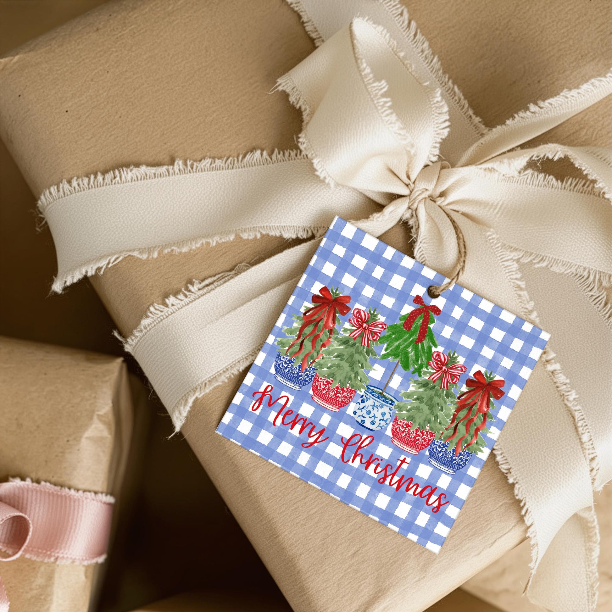 Blue Gingham Christmas Gift Tag Farmhouse Holiday Present Marker Festive Wrapping Accent Square Tag Design Potted Tree Decoration Element Seasonal Greeting Functionality Timeless Pattern Appeal Rustic Country Traditional Theme Elegant