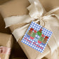 Blue Gingham Christmas Gift Tag Farmhouse Holiday Present Marker Festive Wrapping Accent Square Tag Design Potted Tree Decoration Element Seasonal Greeting Functionality Timeless Pattern Appeal Rustic Country Traditional Theme Elegant