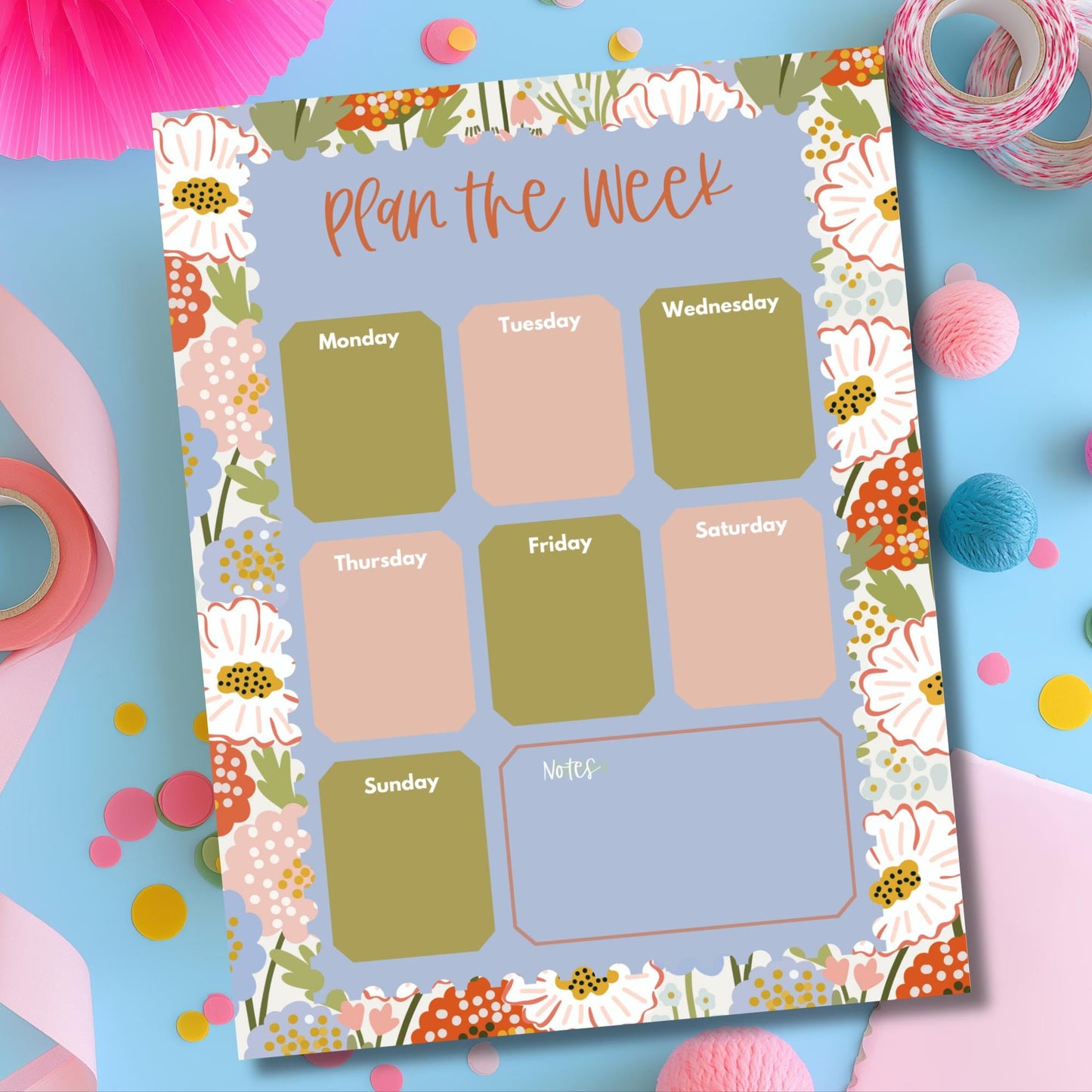 Weekly Planner Notepad Floral Design Desk Organizer Office Planning Pad Botanical Border Pattern Tear Off Sheets Schedule Tracker Student Agenda Work Task List Home Organization Tool Monday Through Sunday Layout Notes Section Quality Paper