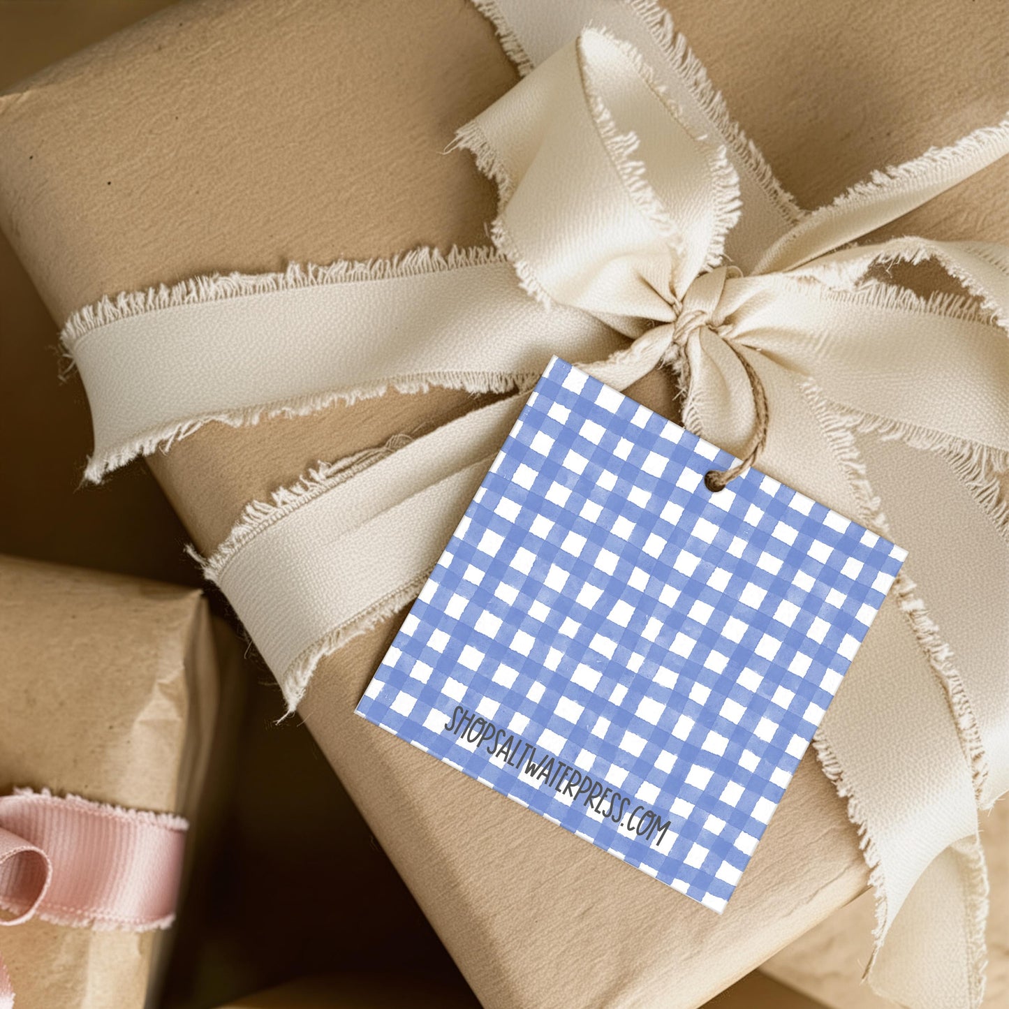 Farmhouse Style Christmas Tag Blue Gingham Holiday Marker Square Gift Label Festive Present Decoration Potted Tree Design Element Seasonal Wrapping Accent Traditional Country Theme Rustic Holiday Package Premium Cardstock Quality Elegant