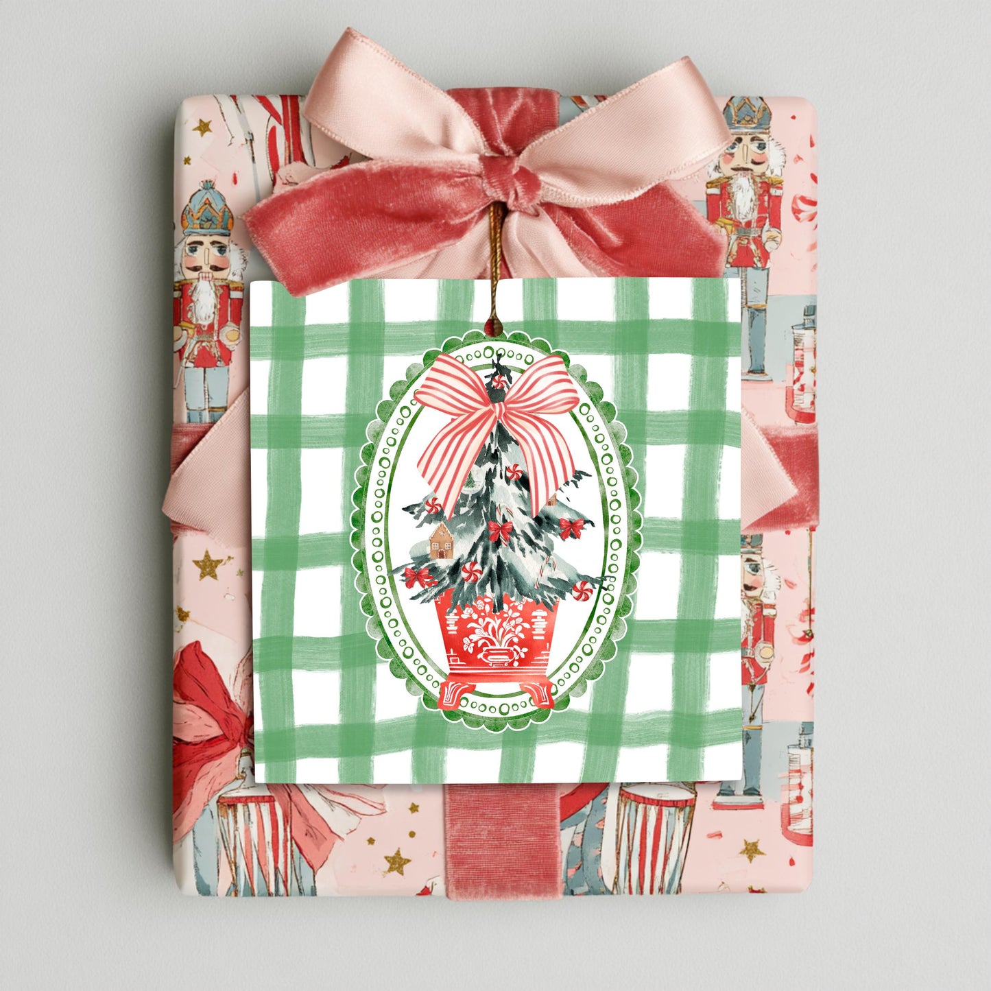 Farmhouse Christmas Tag Vintage Boot Design Holiday Gift Tag Gingham Checkered Pattern Rustic Present Tag Cottage Style Christmas Tag Evergreen Branch Design Red Berry Accent Pink Bow Detail Scalloped Oval Frame Premium Cardstock Tag Gift