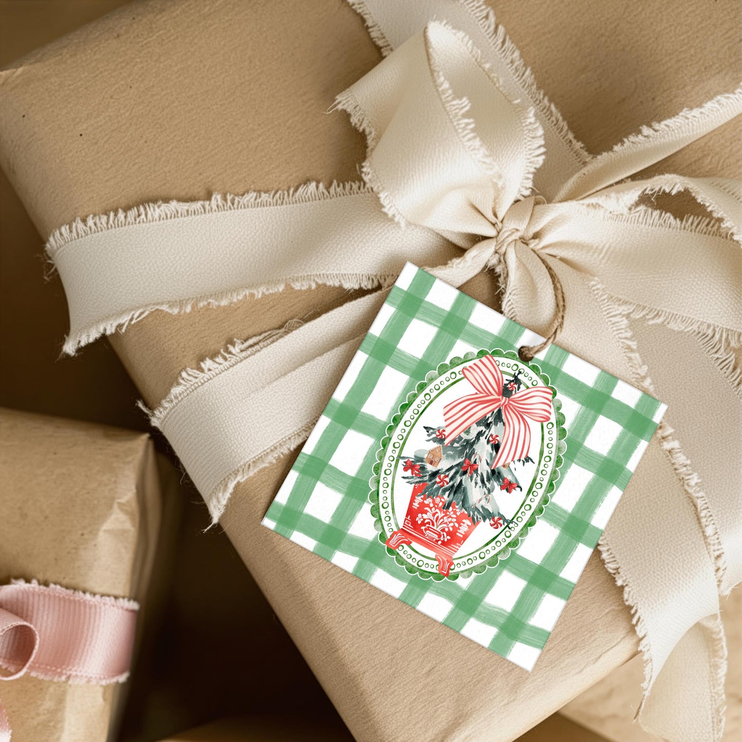 Christmas Gift Tag Vintage Farmhouse Boot Design Gingham Checkered Background Holiday Present Tag Rustic Linen Cardstock Tag Evergreen Branches Red Berries Pink Striped Bow Scalloped Frame Cottage Style Gift Wrapping Supplies Pre Punched